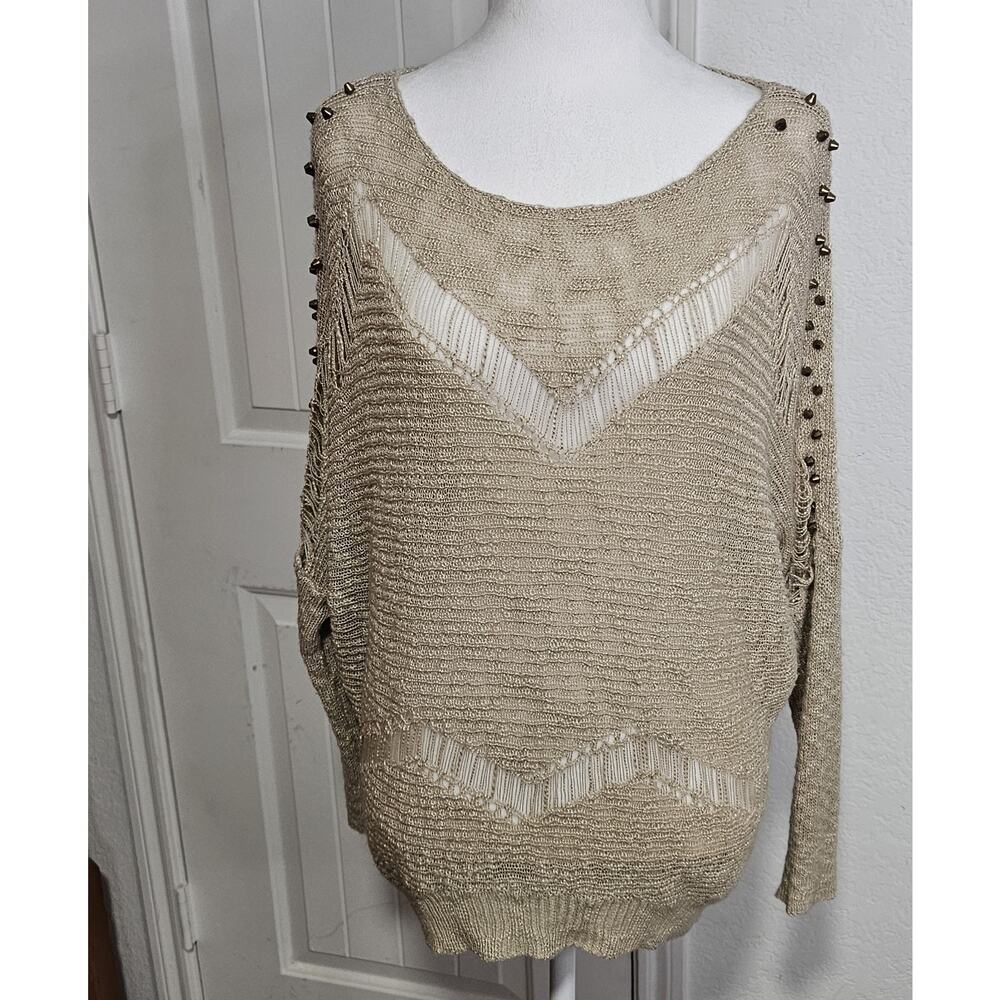 Beige Distressed Knit Sweater With Gold Studs On Long Sleeves